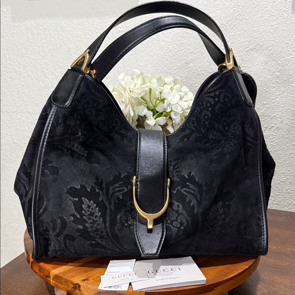 GUCCI Black Soft Stirrup Nubuck Black Suede Shoulder Bag - Picture 2 of 16